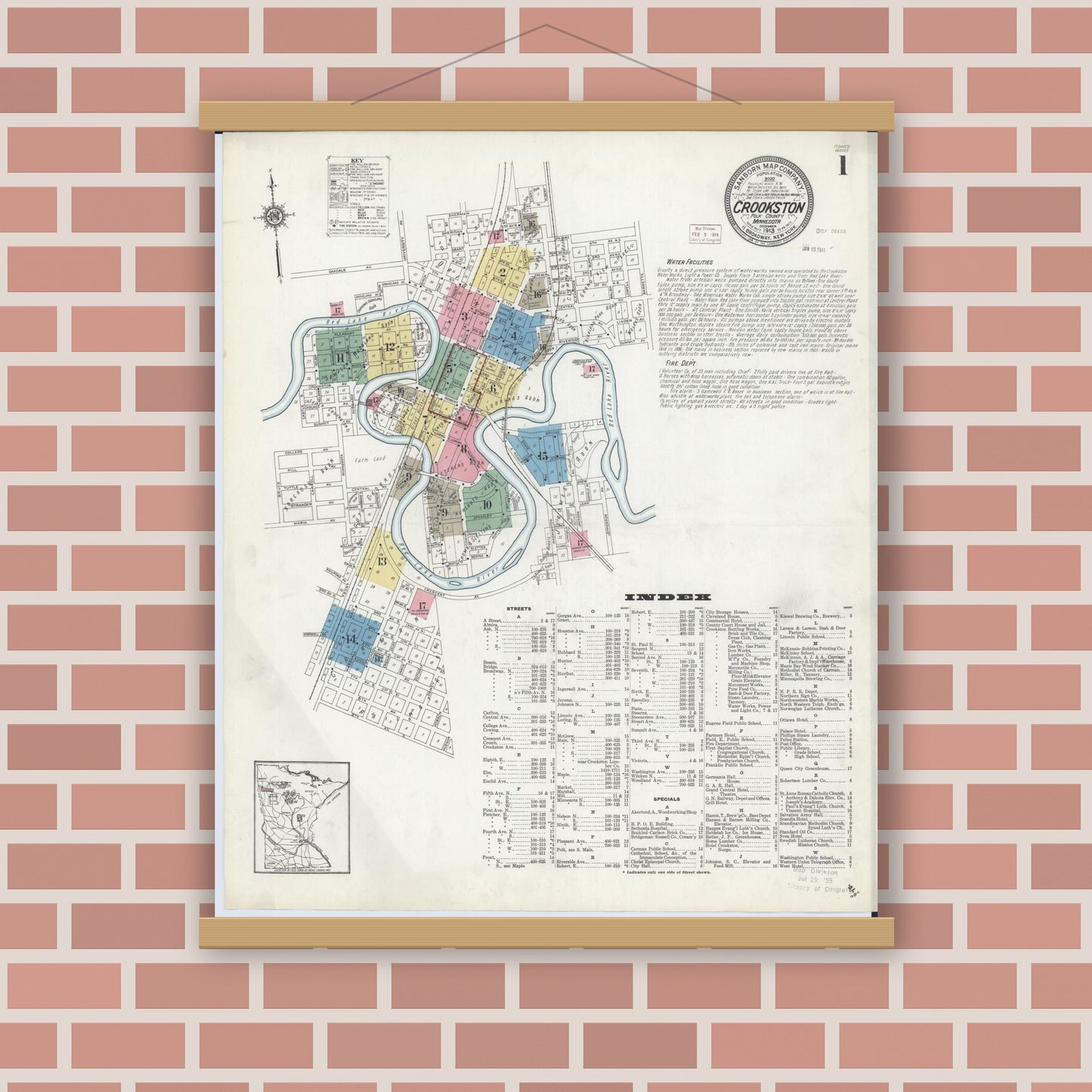 Old map wall art mockup — magnetic wood frame on brick wall — Sanborn Fire Insurance Map from Crookston, Polk County, Minnesota (1913) - Complete Map Set