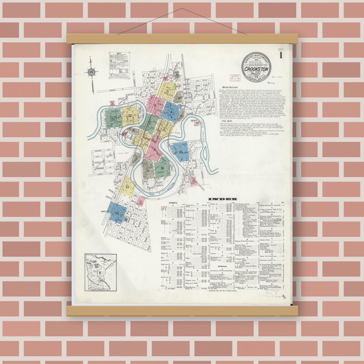Old map wall art mockup — magnetic wood frame on brick wall — Sanborn Fire Insurance Map from Crookston, Polk County, Minnesota (1913) - Complete Map Set