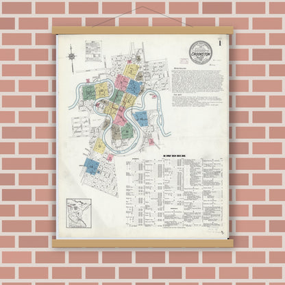 Old map wall art mockup — magnetic wood frame on brick wall — Sanborn Fire Insurance Map from Crookston, Polk County, Minnesota (1913) - Complete Map Set