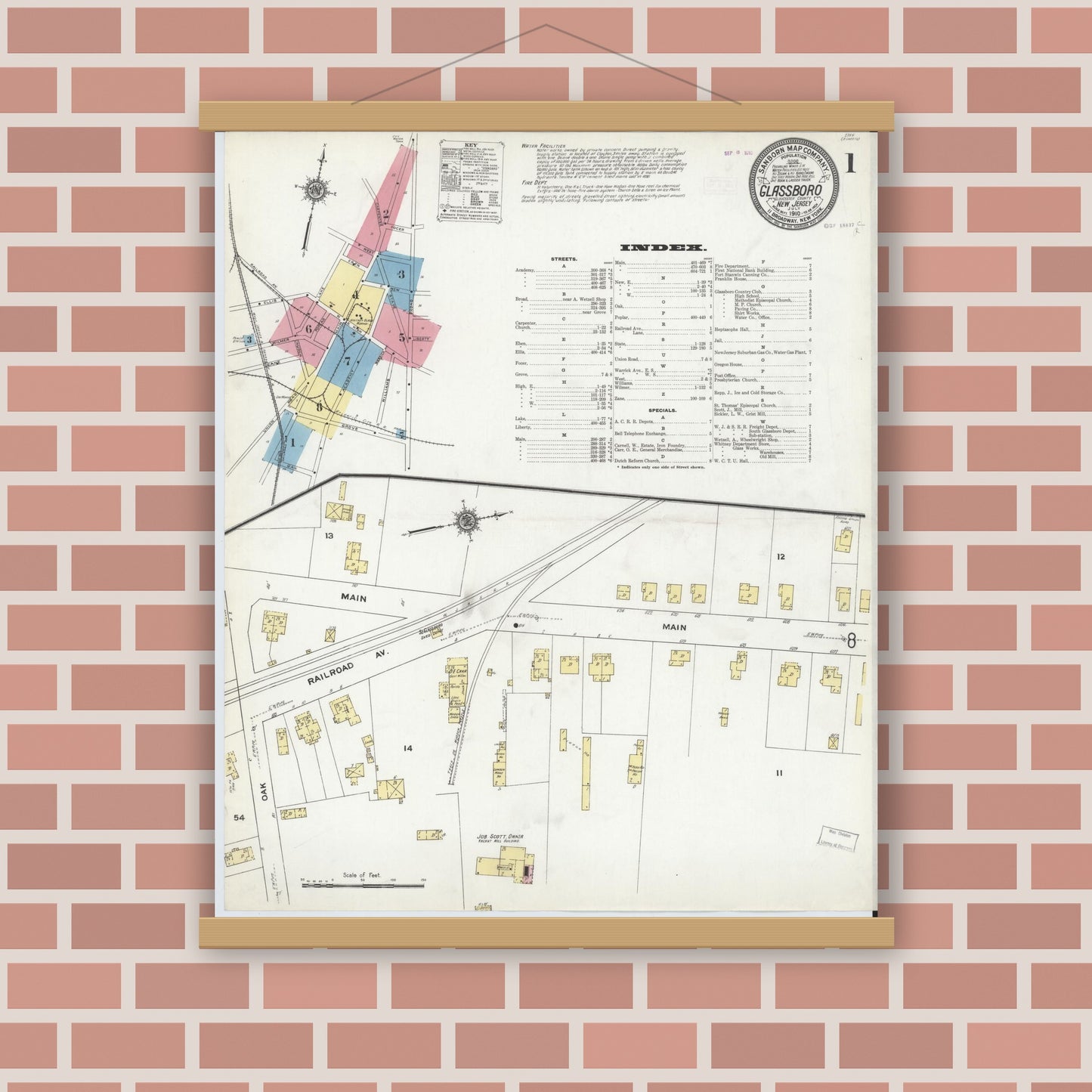 Old map wall art mockup — magnetic wood frame on brick wall — Sanborn Fire Insurance Map from Glassboro, Gloucester County, New Jersey (1910) - Complete Map Set