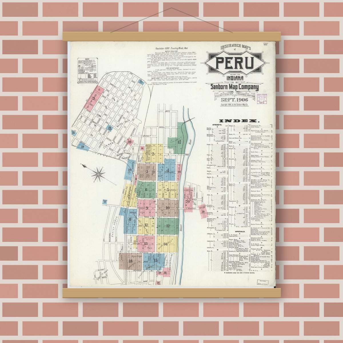 Old map wall art mockup — magnetic wood frame on brick wall — Sanborn Fire Insurance Map from Peru, Miami County, Indiana (1906) - Complete Map Set