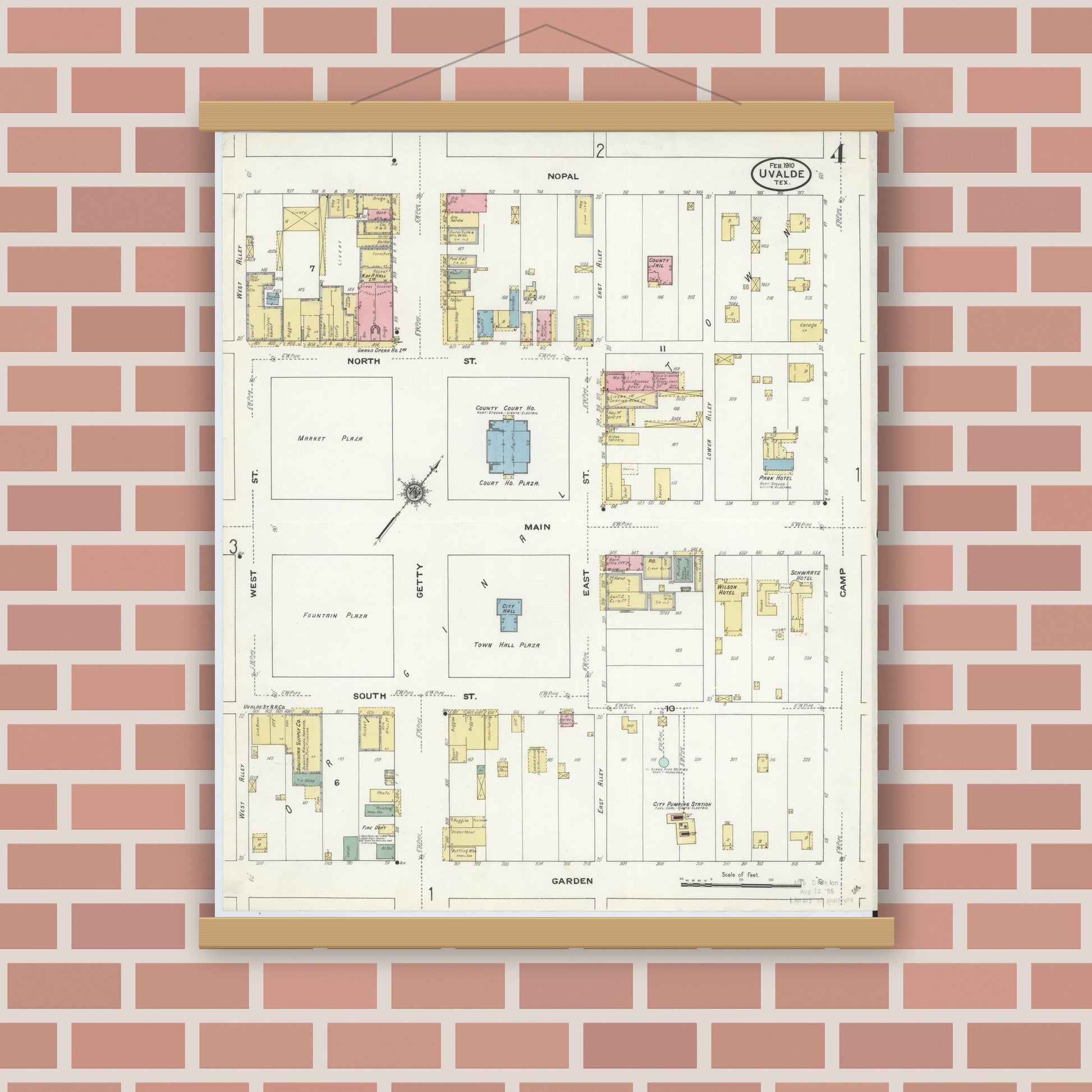 Old map wall art mockup — magnetic wood frame on brick wall — Sanborn Fire Insurance Map from Uvalde, Uvalde County, Texas (1910), Sheet #0004