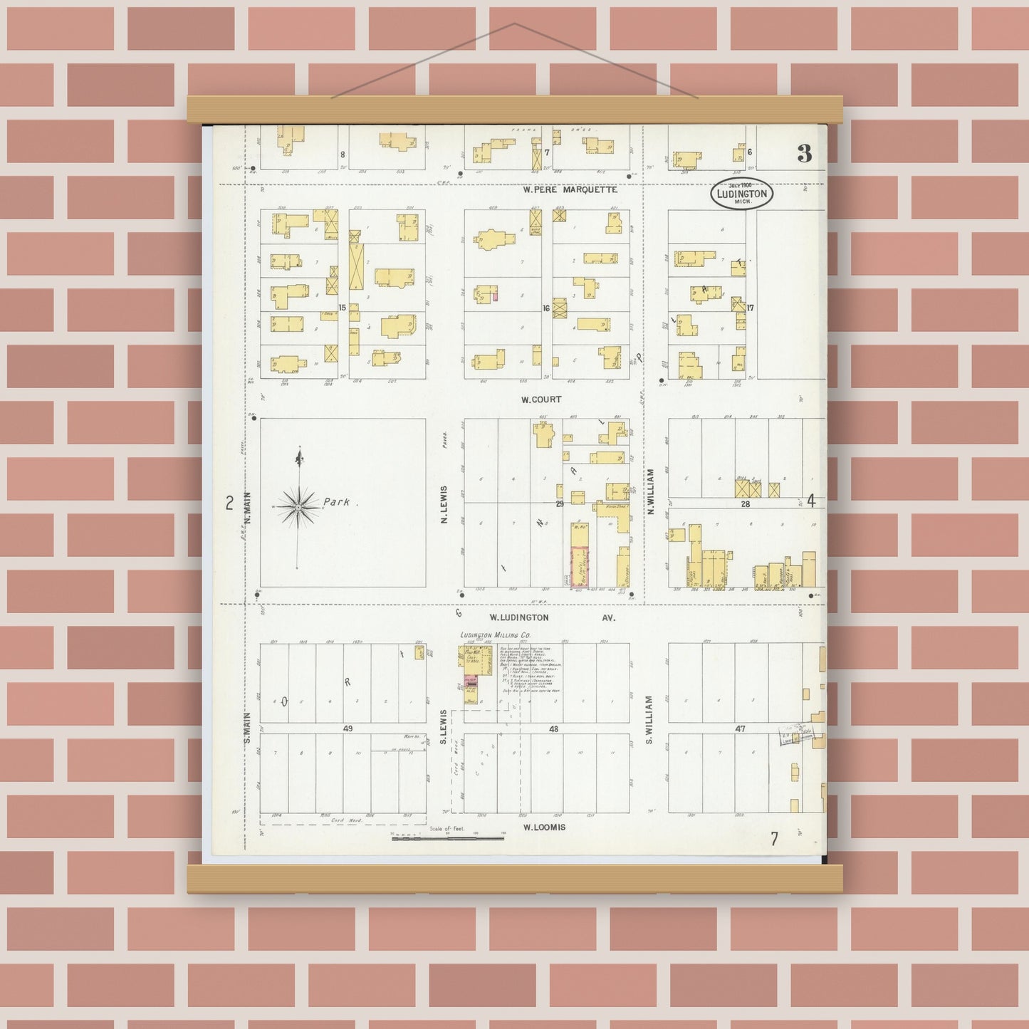 Old map wall art mockup — magnetic wood frame on brick wall — Sanborn Fire Insurance Map from Ludington, Mason County, Michigan (1900), Sheet #0003