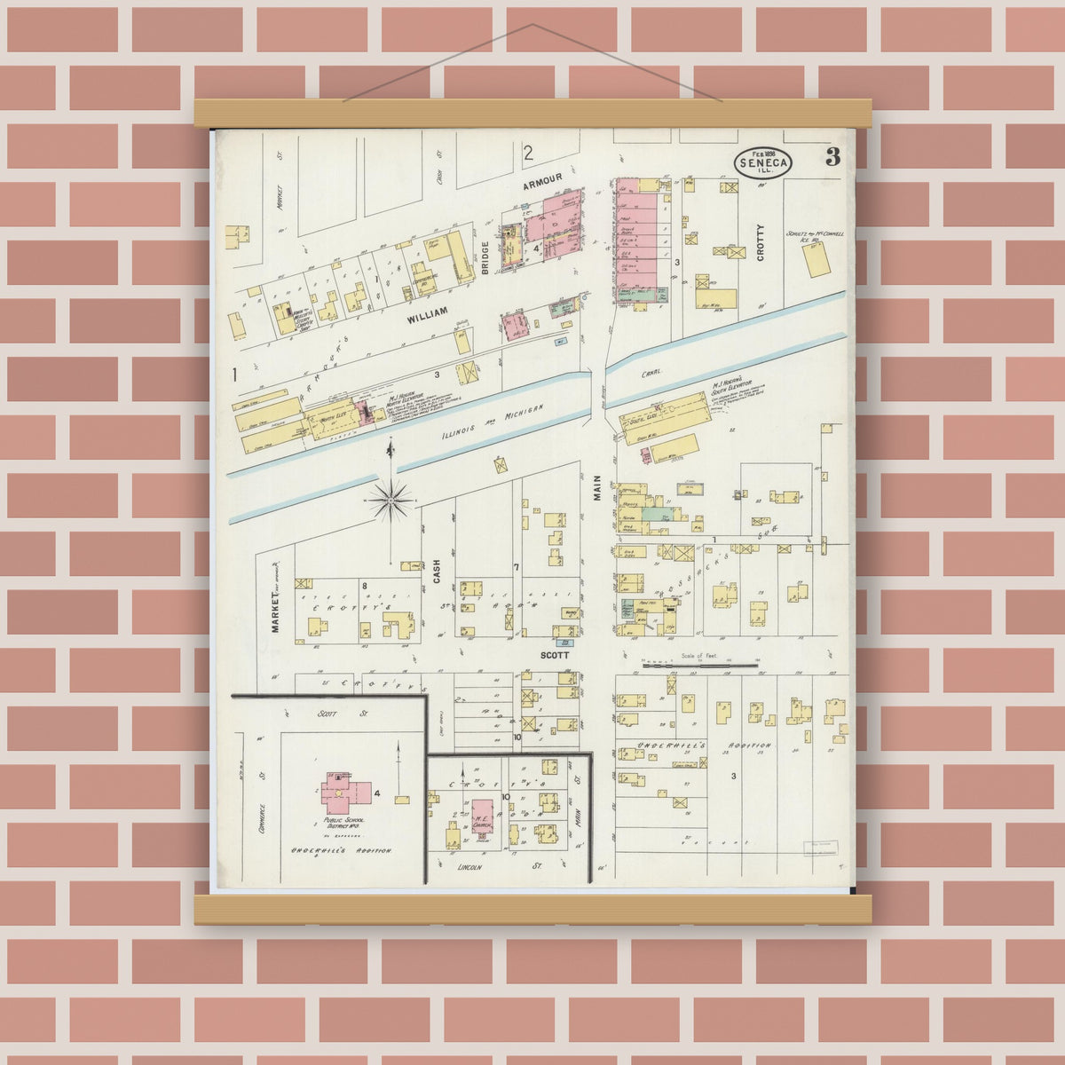 Old map wall art mockup — magnetic wood frame on brick wall — Sanborn Fire Insurance Map from Seneca, La Salle County, Illinois (1898), Sheet #0003