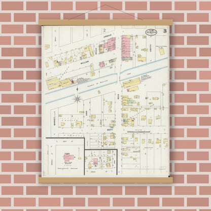 Old map wall art mockup — magnetic wood frame on brick wall — Sanborn Fire Insurance Map from Seneca, La Salle County, Illinois (1898), Sheet #0003