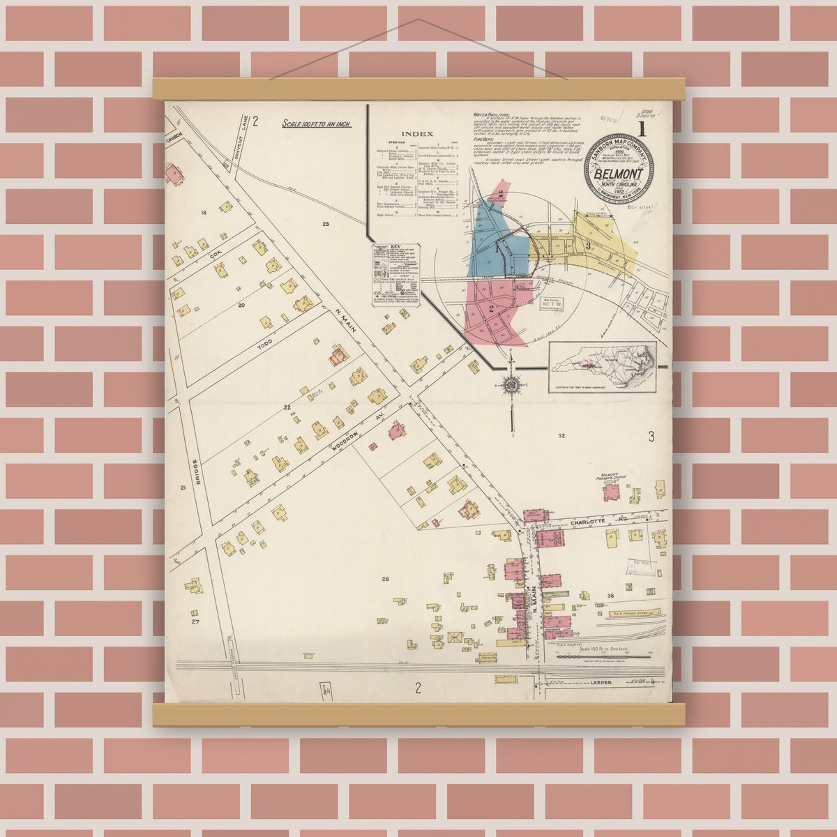 Old map wall art mockup — magnetic wood frame on brick wall — Sanborn Fire Insurance Map from Belmont, Gaston County, North Carolina (1922) - Complete Map Set