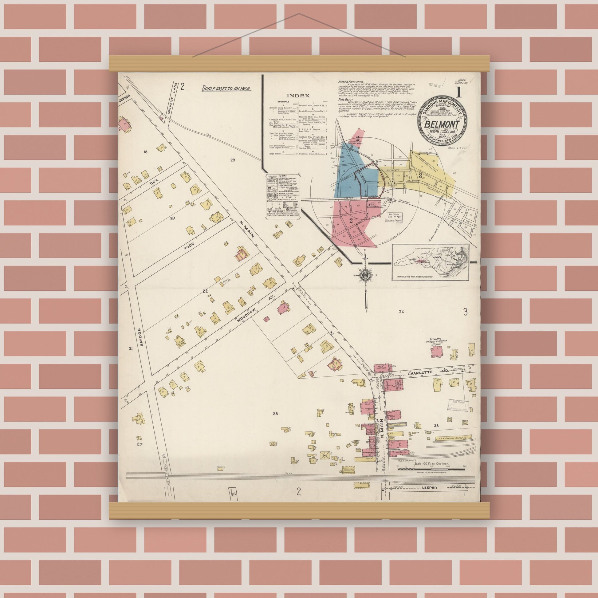 Old map wall art mockup — magnetic wood frame on brick wall — Sanborn Fire Insurance Map from Belmont, Gaston County, North Carolina (1922) - Complete Map Set