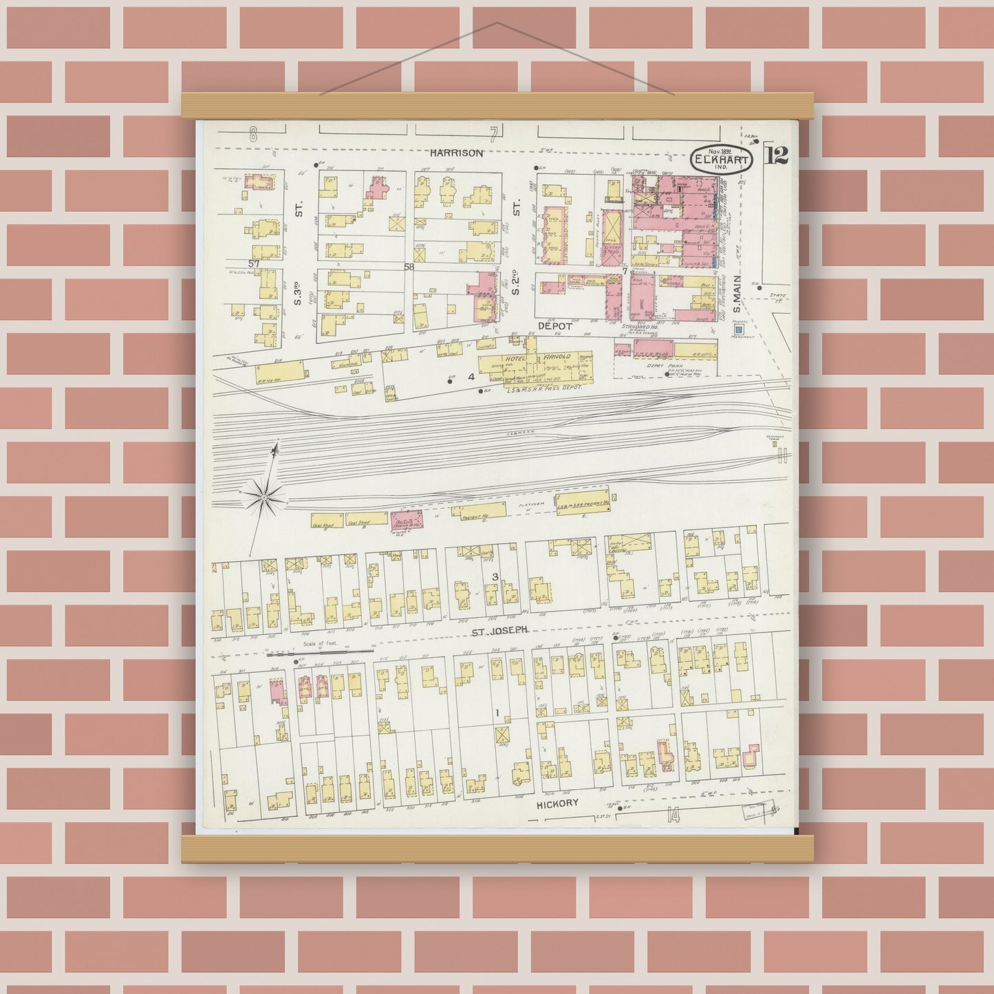 Old map wall art mockup — magnetic wood frame on brick wall — Sanborn Fire Insurance Map from Elkhart, Elkhart County, Indiana (1892), Sheet #0012