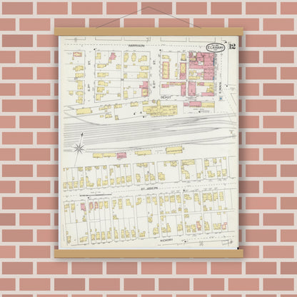 Old map wall art mockup — magnetic wood frame on brick wall — Sanborn Fire Insurance Map from Elkhart, Elkhart County, Indiana (1892), Sheet #0012
