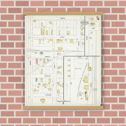 Old map wall art mockup — magnetic wood frame on brick wall — Sanborn Fire Insurance Map from Pinconning, Bay County, Michigan (1900), Sheet #0002