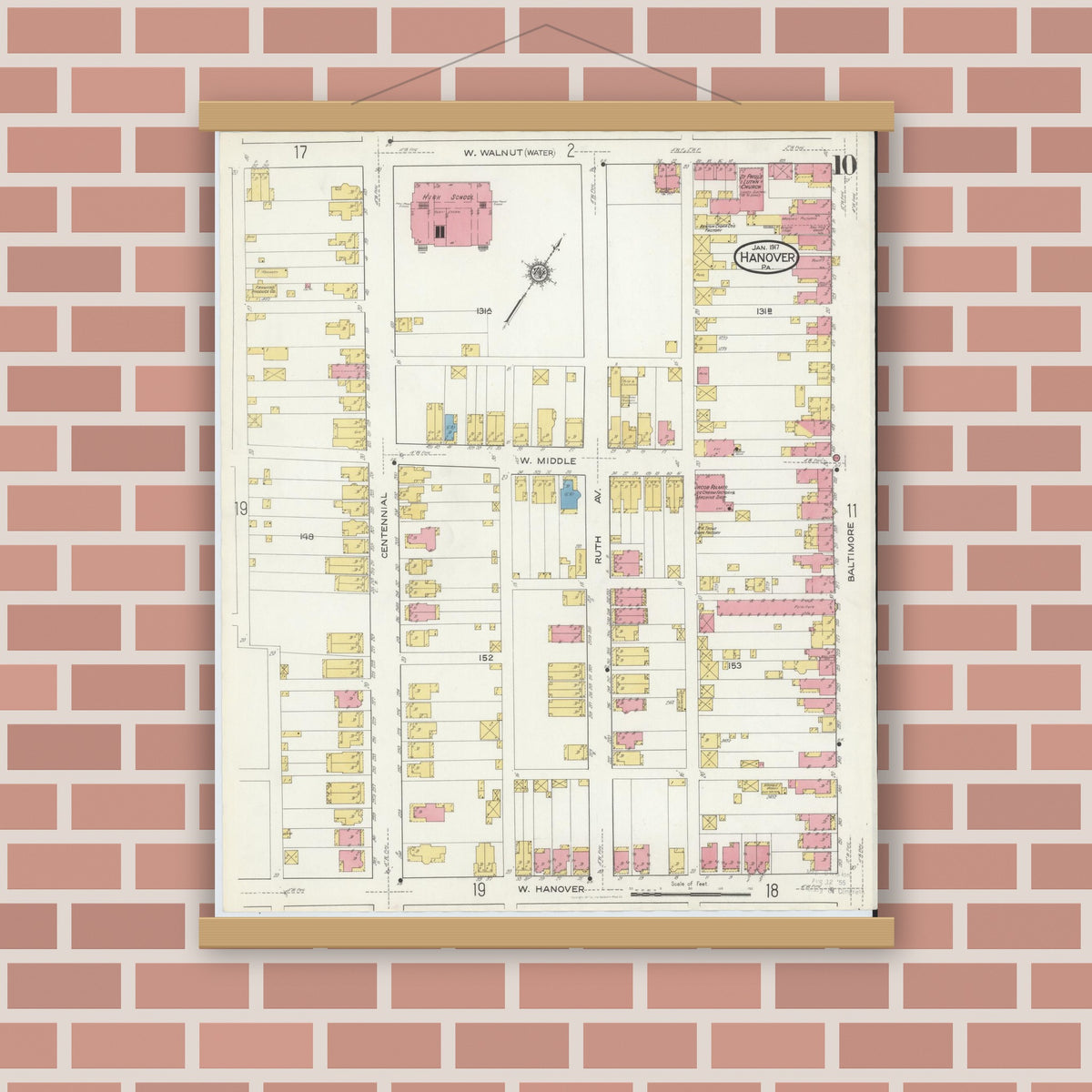 Old map wall art mockup — magnetic wood frame on brick wall — Sanborn Fire Insurance Map from Hanover, York County, Pennsylvania (1917), Sheet #0010