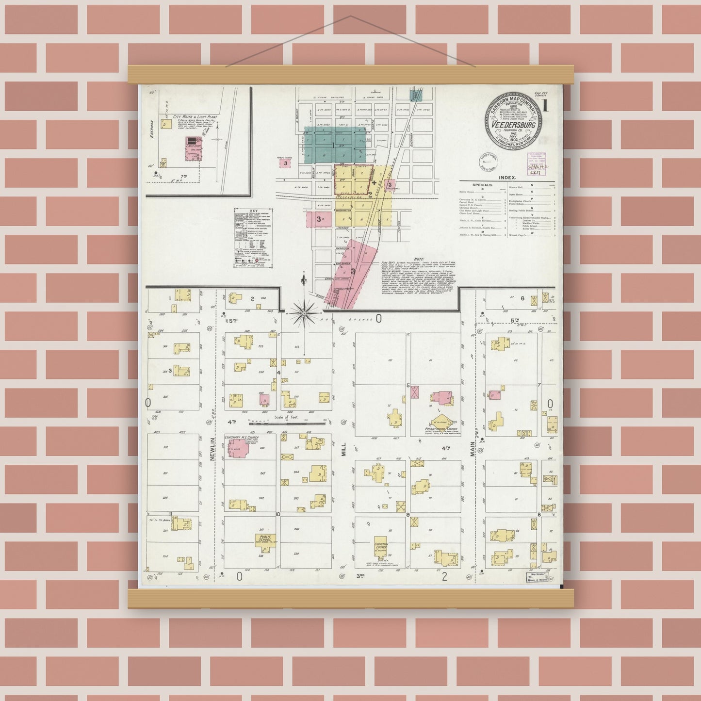 Old map wall art mockup — magnetic wood frame on brick wall — Sanborn Fire Insurance Map from Veedersburg, Fountain County, Indiana (1902) - Complete Map Set