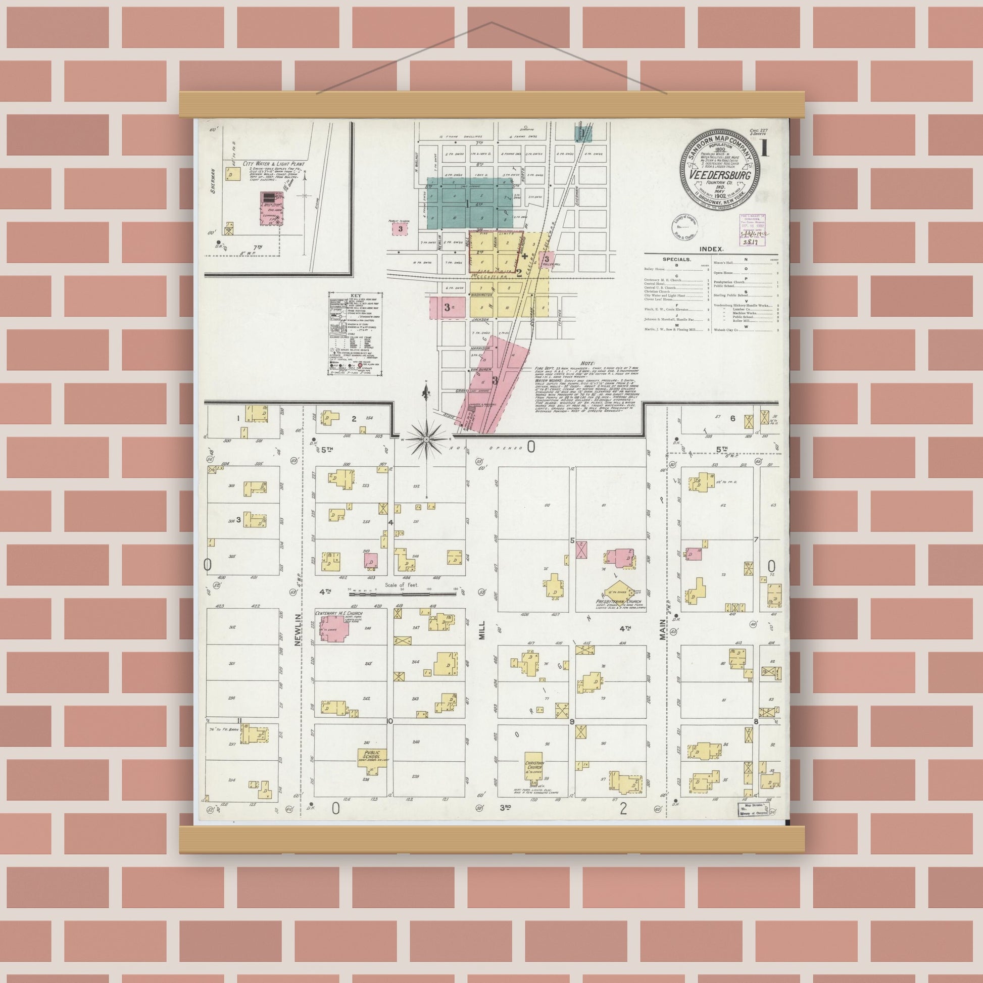 Old map wall art mockup — magnetic wood frame on brick wall — Sanborn Fire Insurance Map from Veedersburg, Fountain County, Indiana (1902) - Complete Map Set