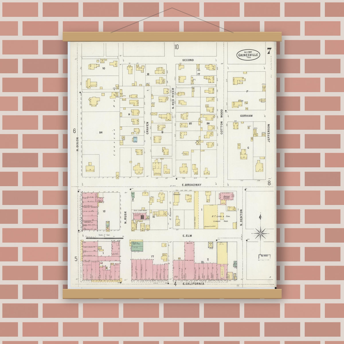Old map wall art mockup — magnetic wood frame on brick wall — Sanborn Fire Insurance Map from Gainesville, Cooke County, Texas (1897), Sheet #0007