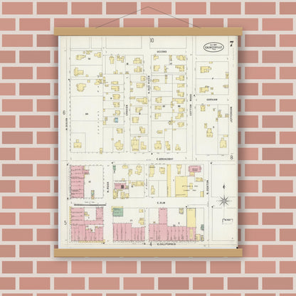 Old map wall art mockup — magnetic wood frame on brick wall — Sanborn Fire Insurance Map from Gainesville, Cooke County, Texas (1897), Sheet #0007