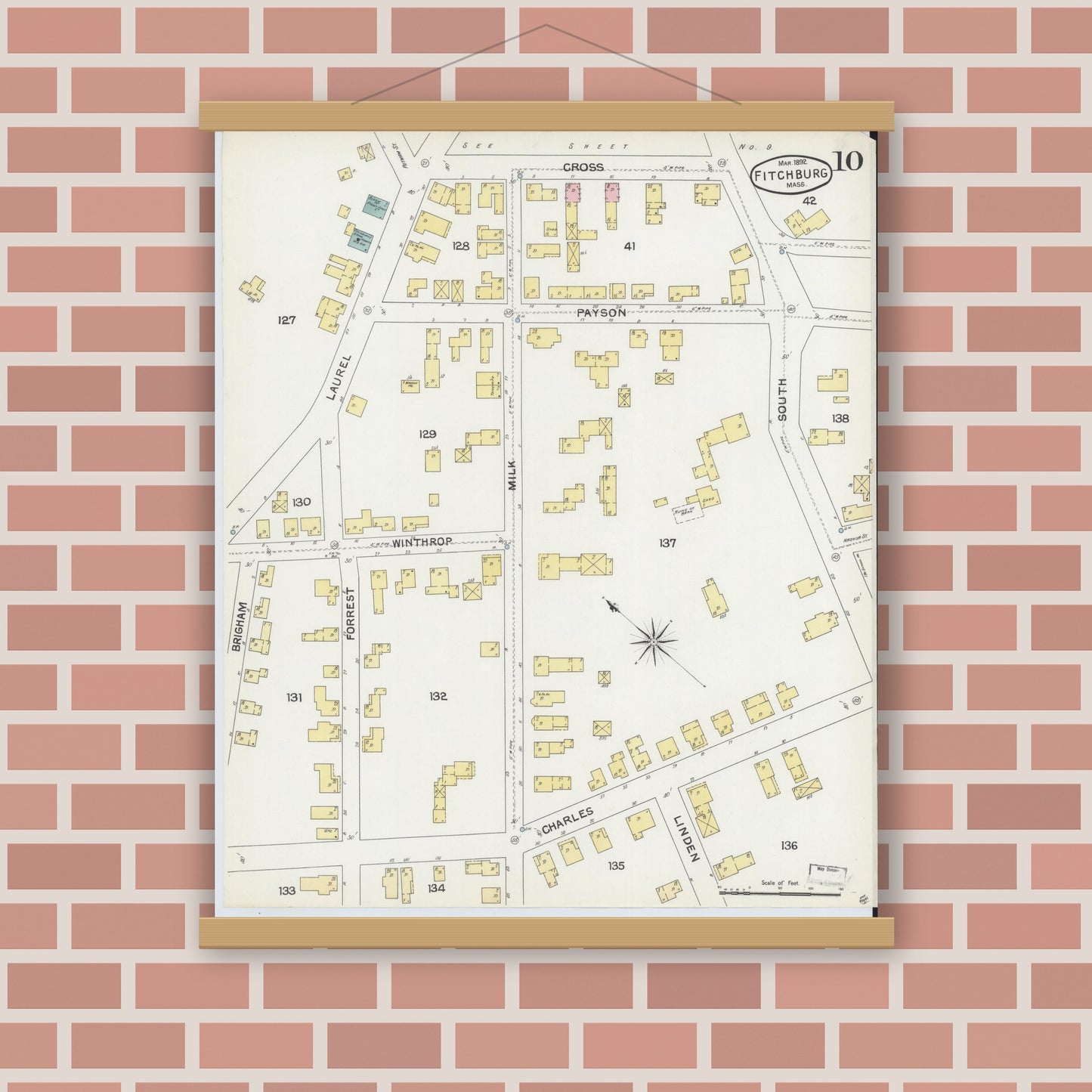 Old map wall art mockup — magnetic wood frame on brick wall — Sanborn Fire Insurance Map from Fitchburg, Worcester County, Massachusetts (1892), Sheet #0010