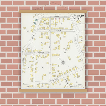 Old map wall art mockup — magnetic wood frame on brick wall — Sanborn Fire Insurance Map from Fitchburg, Worcester County, Massachusetts (1892), Sheet #0010