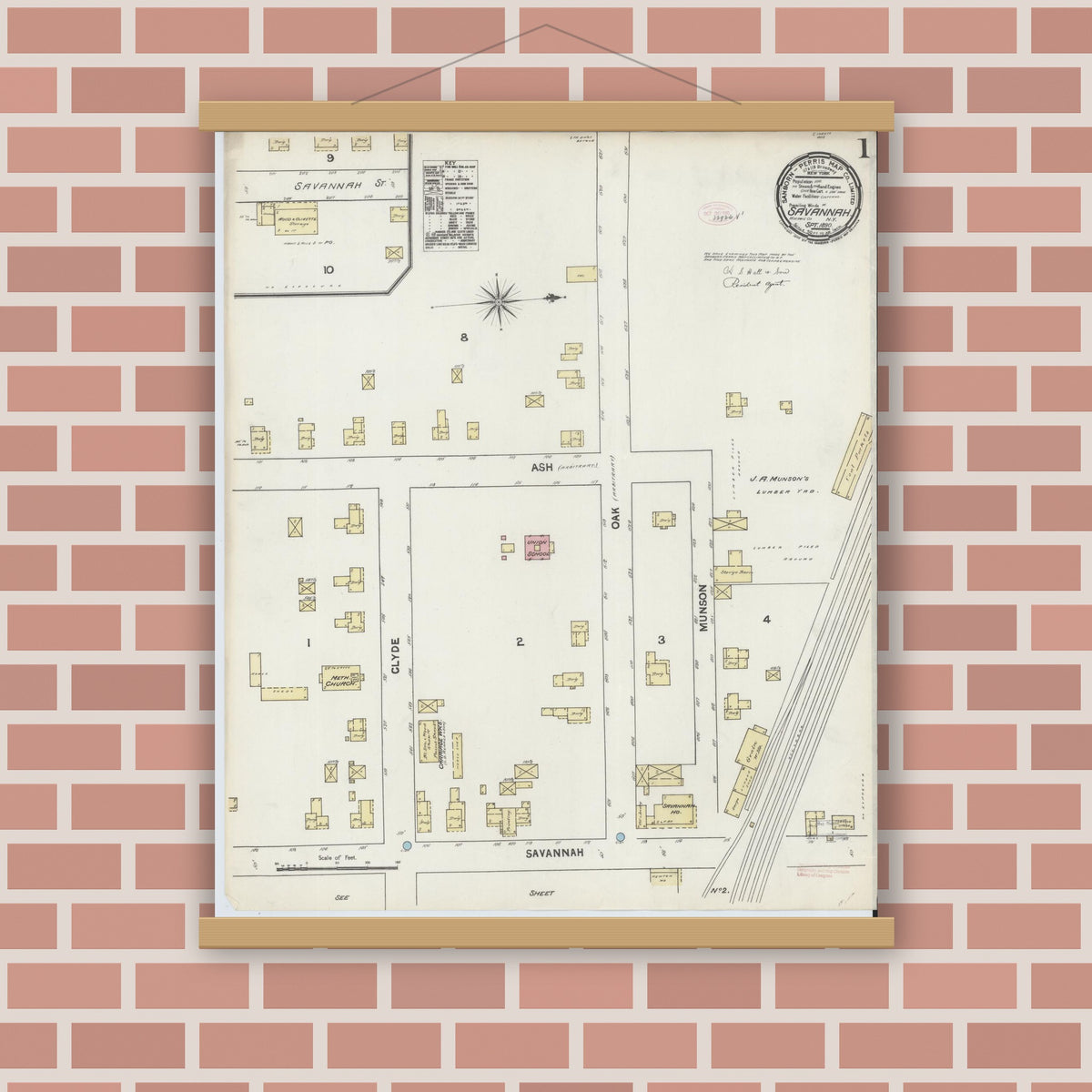 Old map wall art mockup — magnetic wood frame on brick wall — Sanborn Fire Insurance Map from Savannah, Wayne County, New York (1890), Sheet #0001