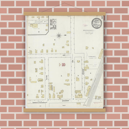 Old map wall art mockup — magnetic wood frame on brick wall — Sanborn Fire Insurance Map from Savannah, Wayne County, New York (1890), Sheet #0001