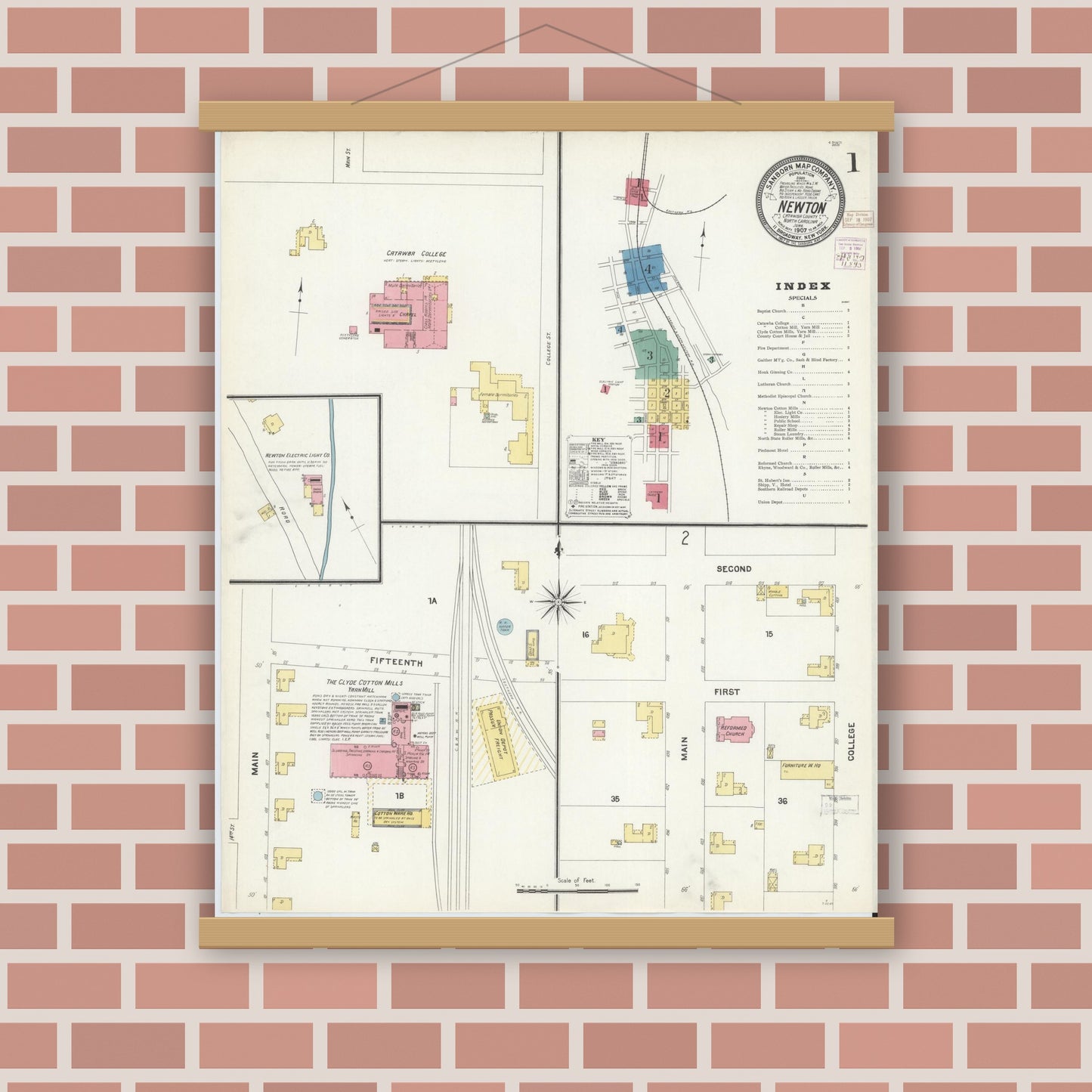 Old map wall art mockup — magnetic wood frame on brick wall — Sanborn Fire Insurance Map from Newton, Catawba County, North Carolina (1907), Sheet #0001