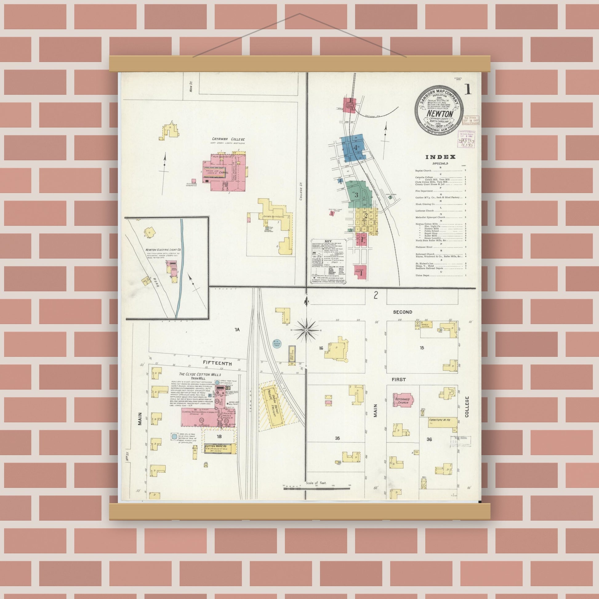 Old map wall art mockup — magnetic wood frame on brick wall — Sanborn Fire Insurance Map from Newton, Catawba County, North Carolina (1907), Sheet #0001