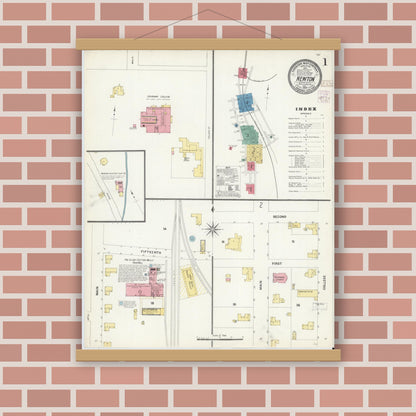 Old map wall art mockup — magnetic wood frame on brick wall — Sanborn Fire Insurance Map from Newton, Catawba County, North Carolina (1907), Sheet #0001