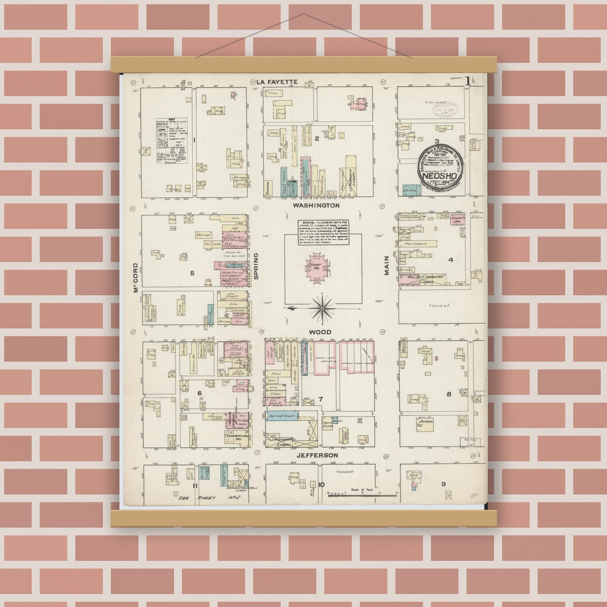 Old map wall art mockup — magnetic wood frame on brick wall — Sanborn Fire Insurance Map from Neosho, Newton County, Missouri (1884), Sheet #0001