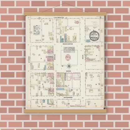 Old map wall art mockup — magnetic wood frame on brick wall — Sanborn Fire Insurance Map from Neosho, Newton County, Missouri (1884), Sheet #0001