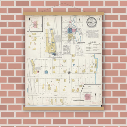 Old map wall art mockup — magnetic wood frame on brick wall — Sanborn Fire Insurance Map from Central Lake, Antrim County, Michigan (1929) - Complete Map Set