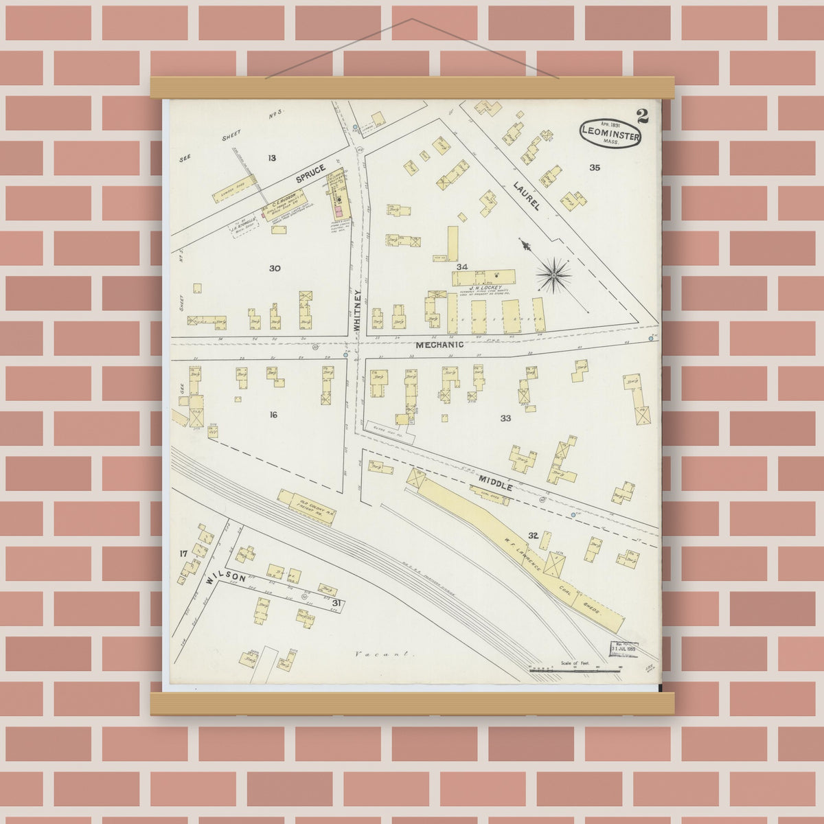 Old map wall art mockup — magnetic wood frame on brick wall — Sanborn Fire Insurance Map from Leominster, Worcester County, Massachusetts (1891), Sheet #0002