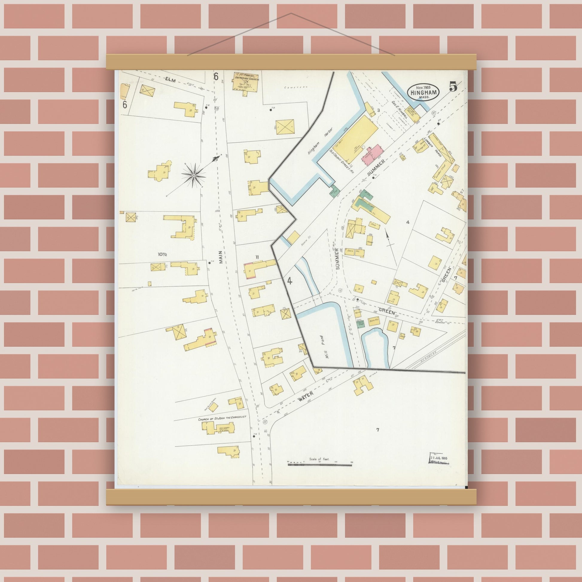 Old map wall art mockup — magnetic wood frame on brick wall — Sanborn Fire Insurance Map from Hingham, Plymouth County, Massachusetts (1903), Sheet #0005