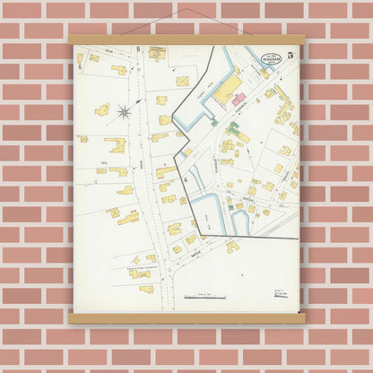 Old map wall art mockup — magnetic wood frame on brick wall — Sanborn Fire Insurance Map from Hingham, Plymouth County, Massachusetts (1903), Sheet #0005