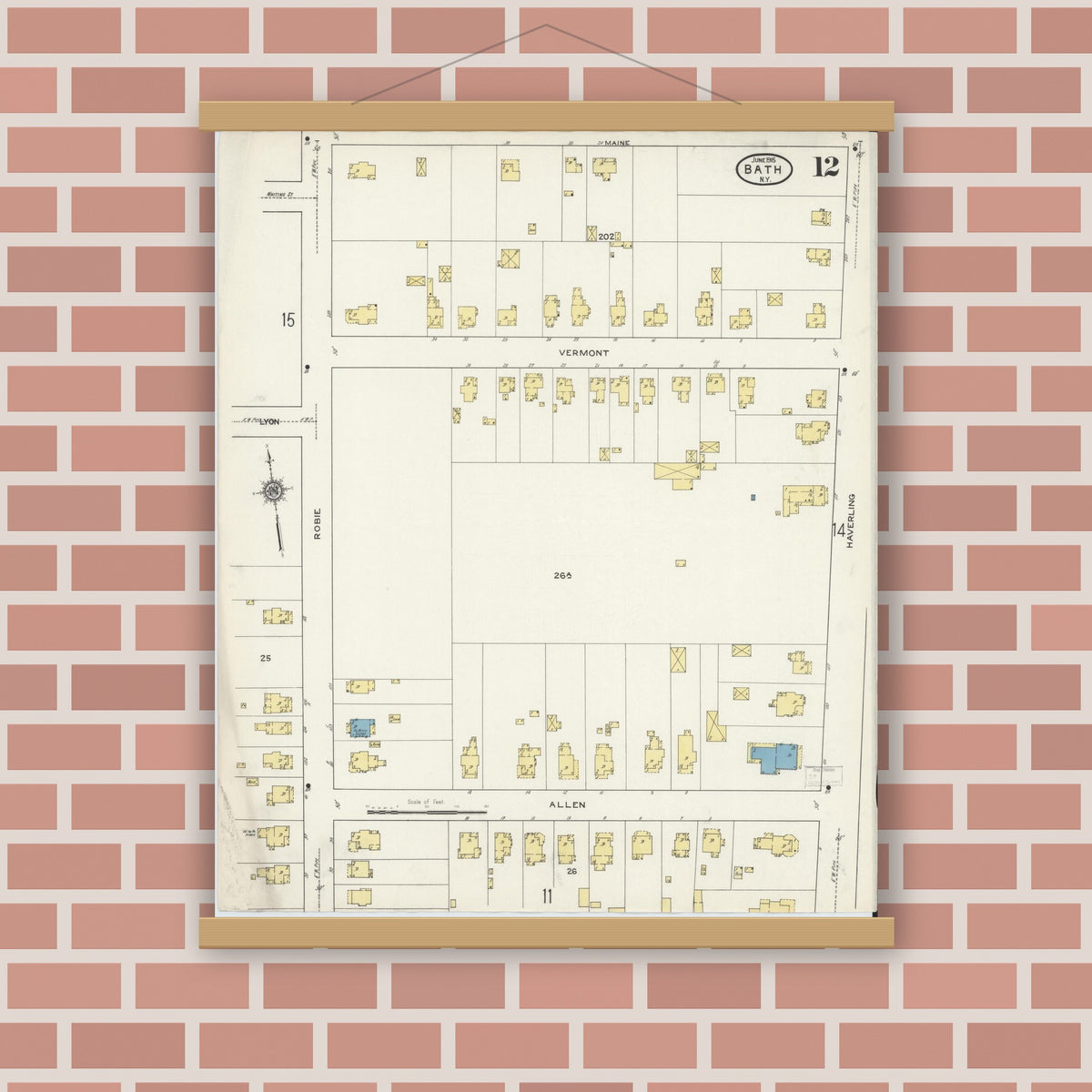 Old map wall art mockup — magnetic wood frame on brick wall — Sanborn Fire Insurance Map from Bath, Steuben County, New York (1915), Sheet #0012