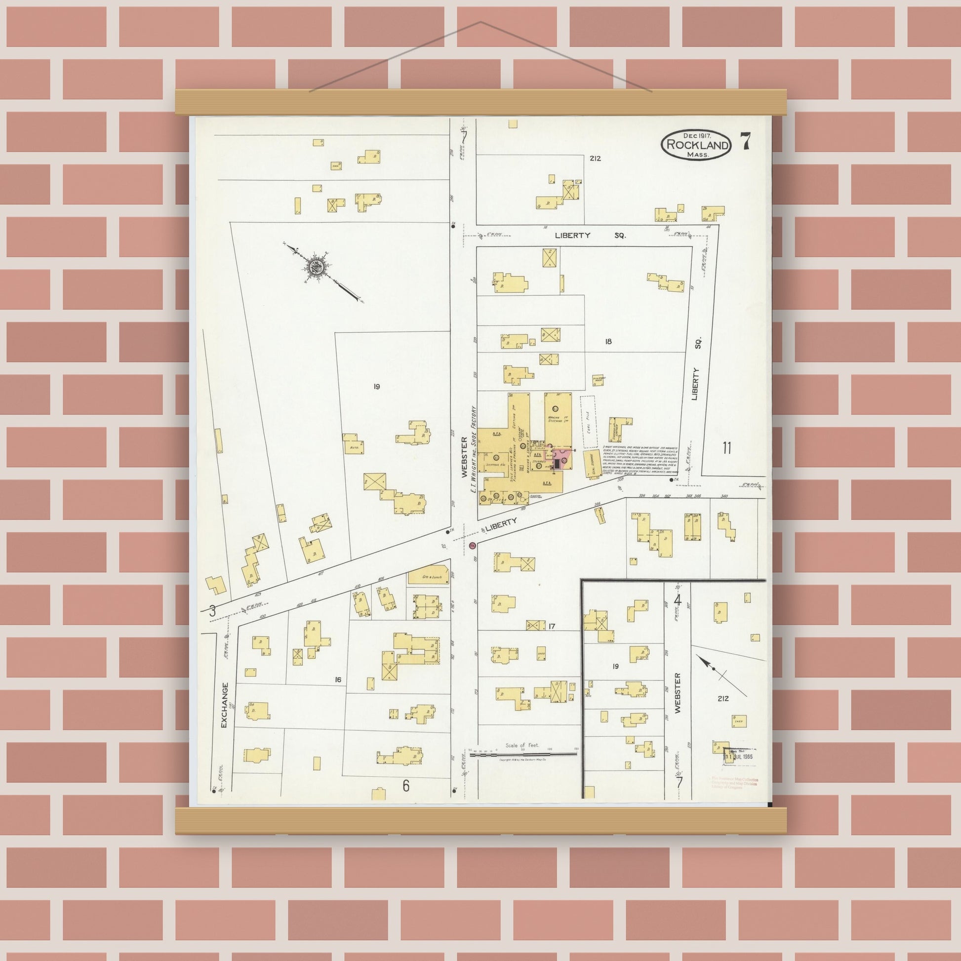 Old map wall art mockup — magnetic wood frame on brick wall — Sanborn Fire Insurance Map from Rockland, Plymouth County, Massachusetts (1917), Sheet #0007