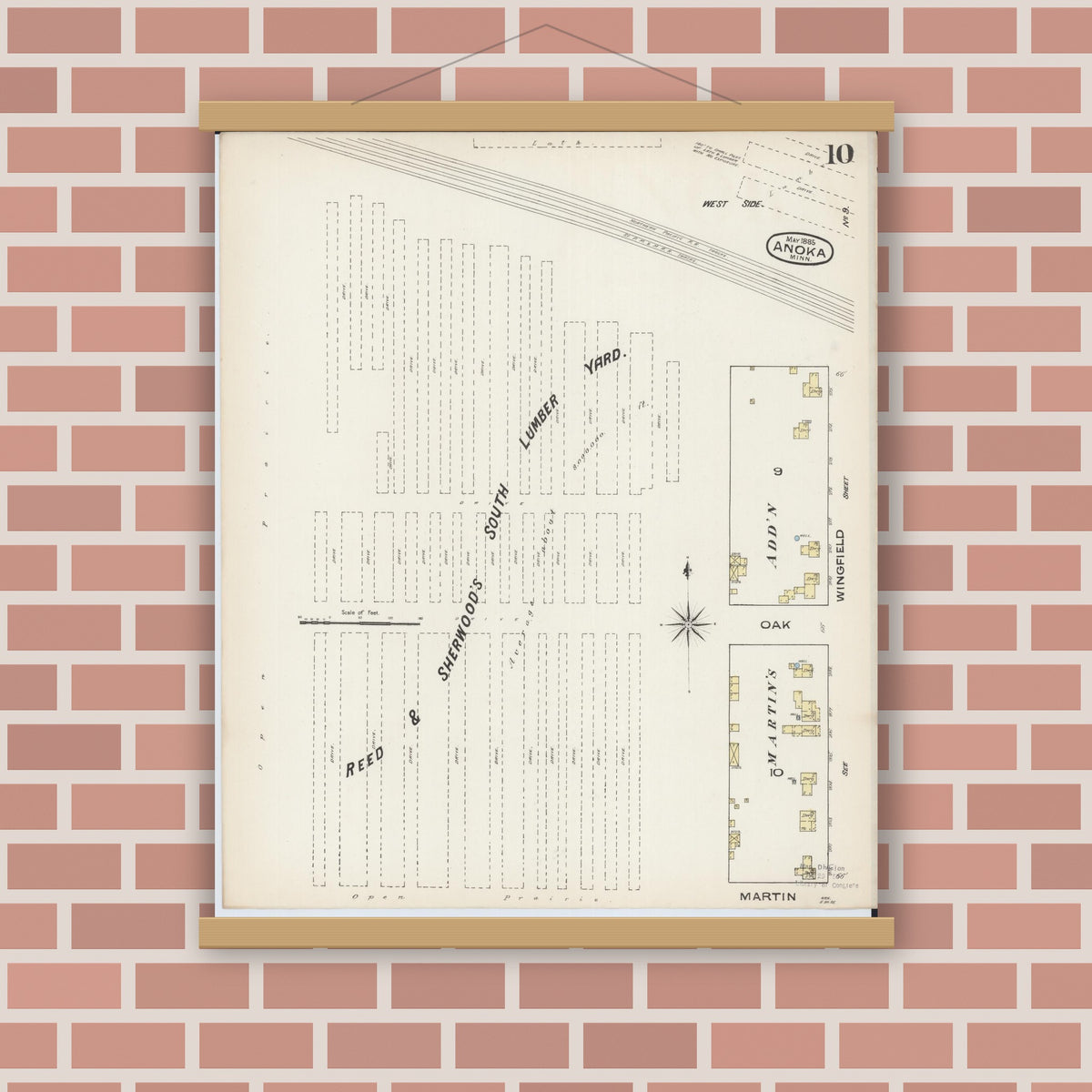 Old map wall art mockup — magnetic wood frame on brick wall — Sanborn Fire Insurance Map from Anoka, Anoka County, Minnesota (1885), Sheet #0010