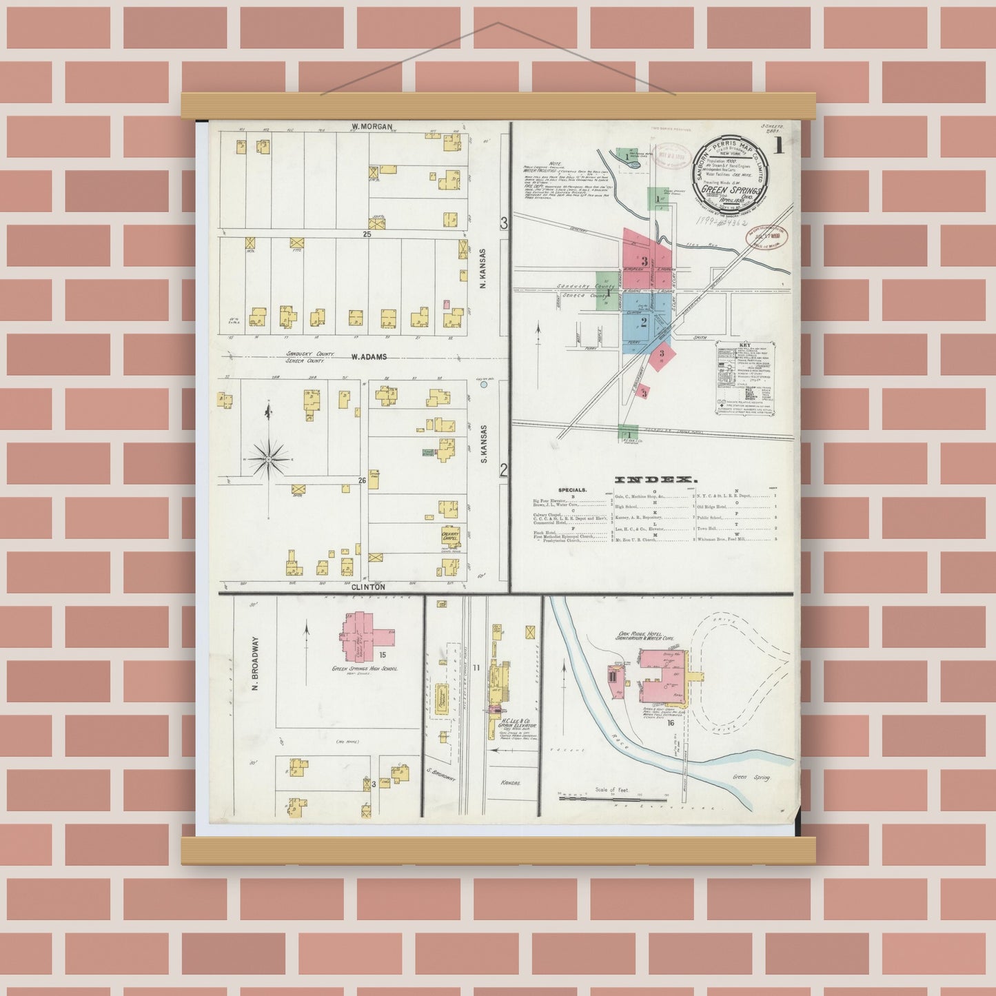 Old map wall art mockup — magnetic wood frame on brick wall — Sanborn Fire Insurance Map from Green Springs, Sandusky And Seneca Counties, Ohio (1899), Sheet #0001