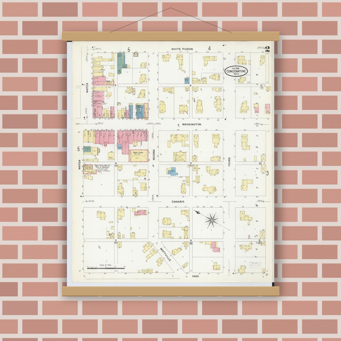 Old map wall art mockup — magnetic wood frame on brick wall — Sanborn Fire Insurance Map from Constantine, Saint Joseph County, Michigan (1909), Sheet #0002