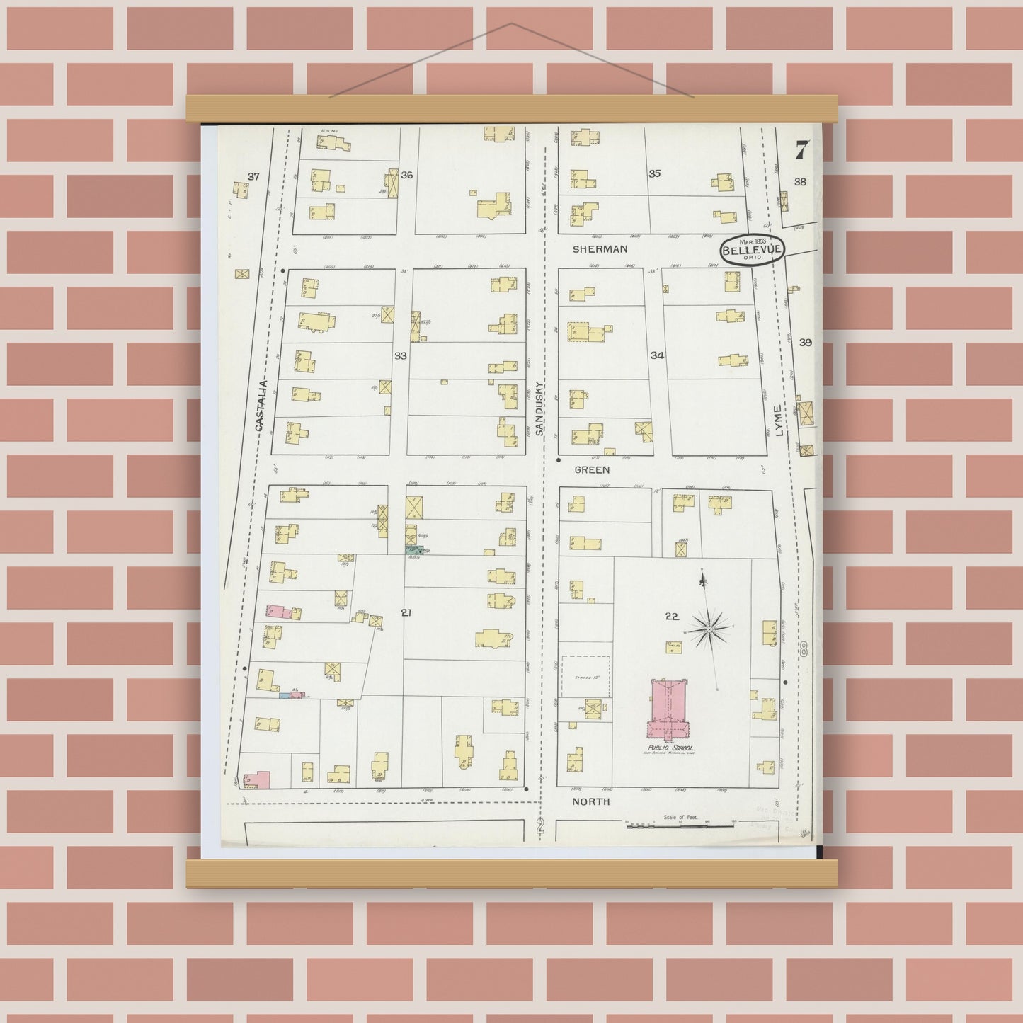 Old map wall art mockup — magnetic wood frame on brick wall — Sanborn Fire Insurance Map from Bellevue, Huron And Sandusky County, Ohio (1893), Sheet #0007