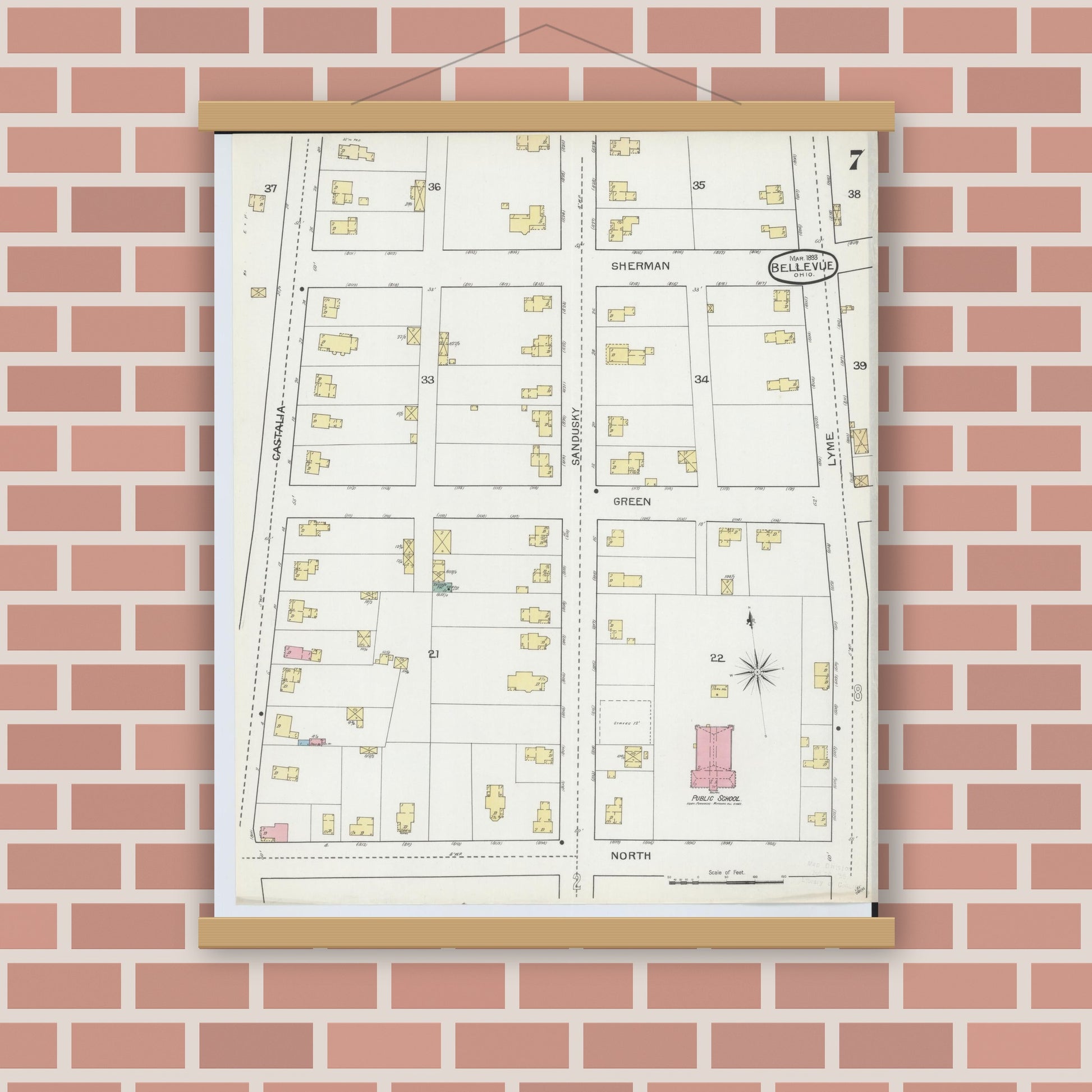 Old map wall art mockup — magnetic wood frame on brick wall — Sanborn Fire Insurance Map from Bellevue, Huron And Sandusky County, Ohio (1893), Sheet #0007
