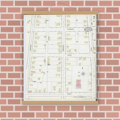 Old map wall art mockup — magnetic wood frame on brick wall — Sanborn Fire Insurance Map from Bellevue, Huron And Sandusky County, Ohio (1893), Sheet #0007