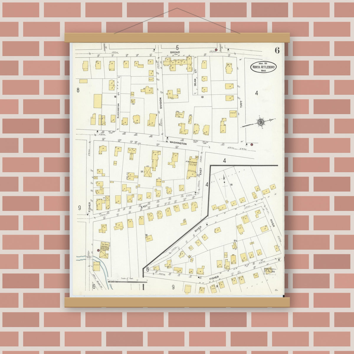 Old map wall art mockup — magnetic wood frame on brick wall — Sanborn Fire Insurance Map from North Attleborough, Bristol County, Massachusetts (1911), Sheet #0006