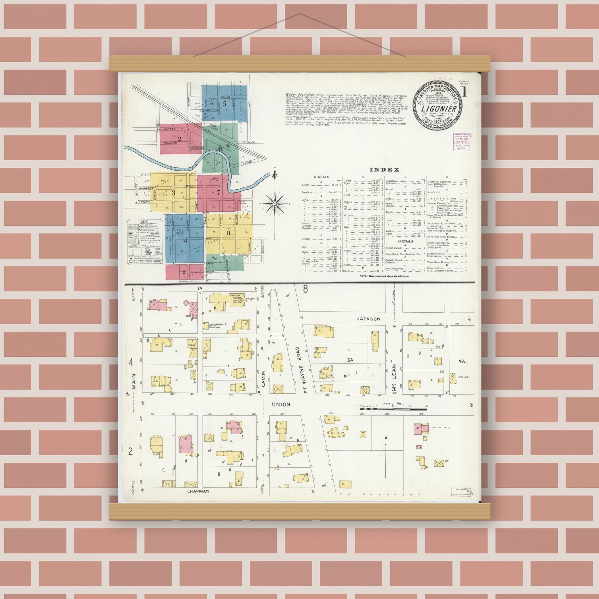 Old map wall art mockup — magnetic wood frame on brick wall — Sanborn Fire Insurance Map from Ligonier, Noble County, Indiana (1907), Sheet #0001