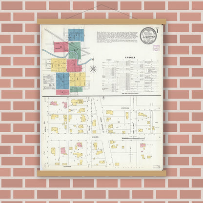 Old map wall art mockup — magnetic wood frame on brick wall — Sanborn Fire Insurance Map from Ligonier, Noble County, Indiana (1907), Sheet #0001