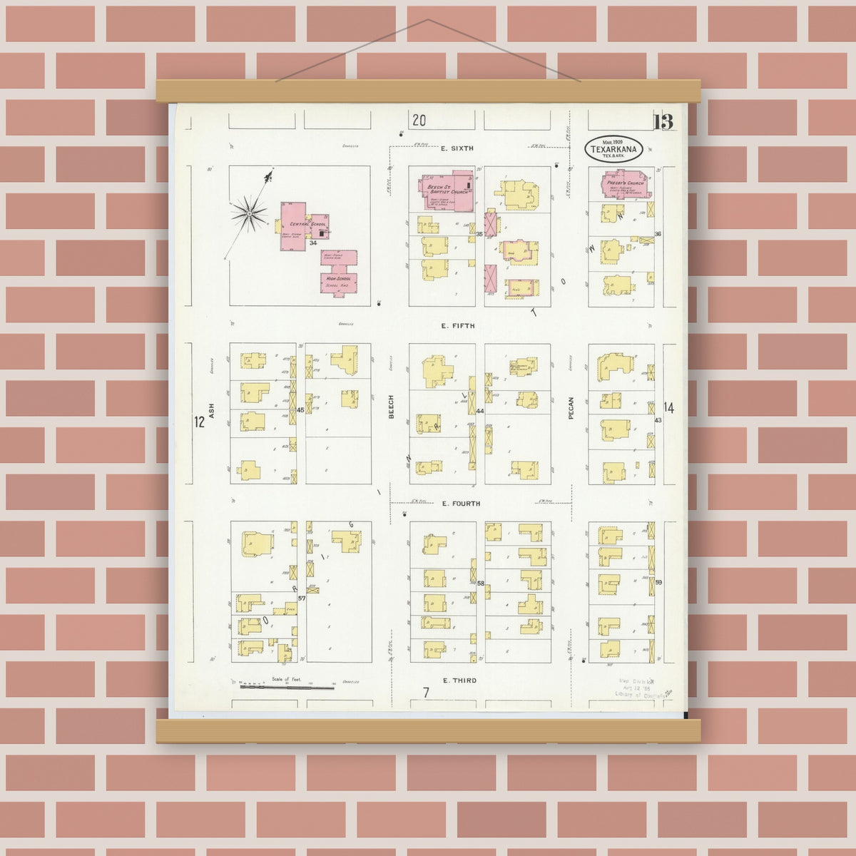 Old map wall art mockup — magnetic wood frame on brick wall — Sanborn Fire Insurance Map from Texarkana, Bowie County, Texas (1909), Sheet #0013