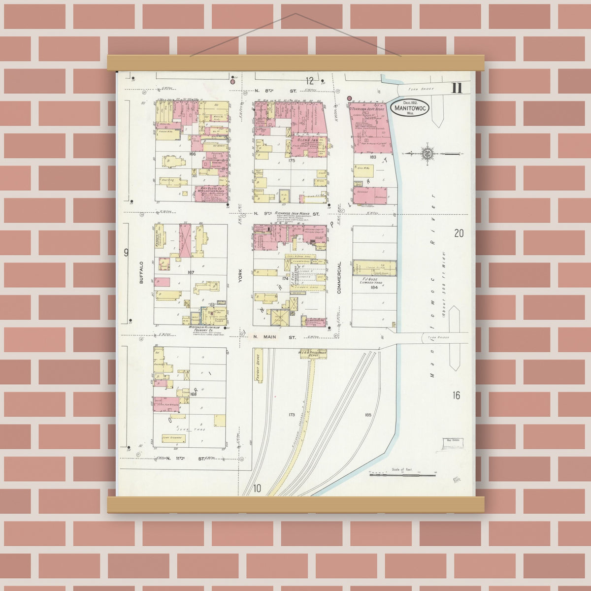 Old map wall art mockup — magnetic wood frame on brick wall — Sanborn Fire Insurance Map from Manitowoc, Manitowoc County, Wisconsin (1912), Sheet #0011