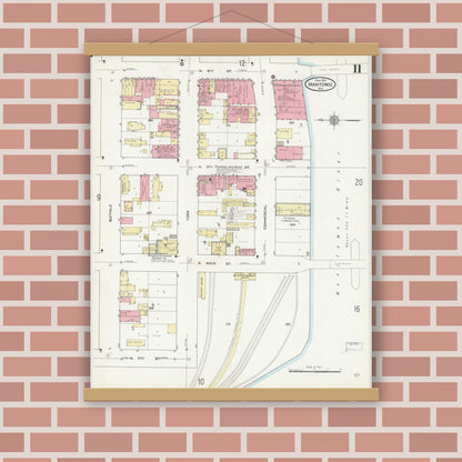 Old map wall art mockup — magnetic wood frame on brick wall — Sanborn Fire Insurance Map from Manitowoc, Manitowoc County, Wisconsin (1912), Sheet #0011