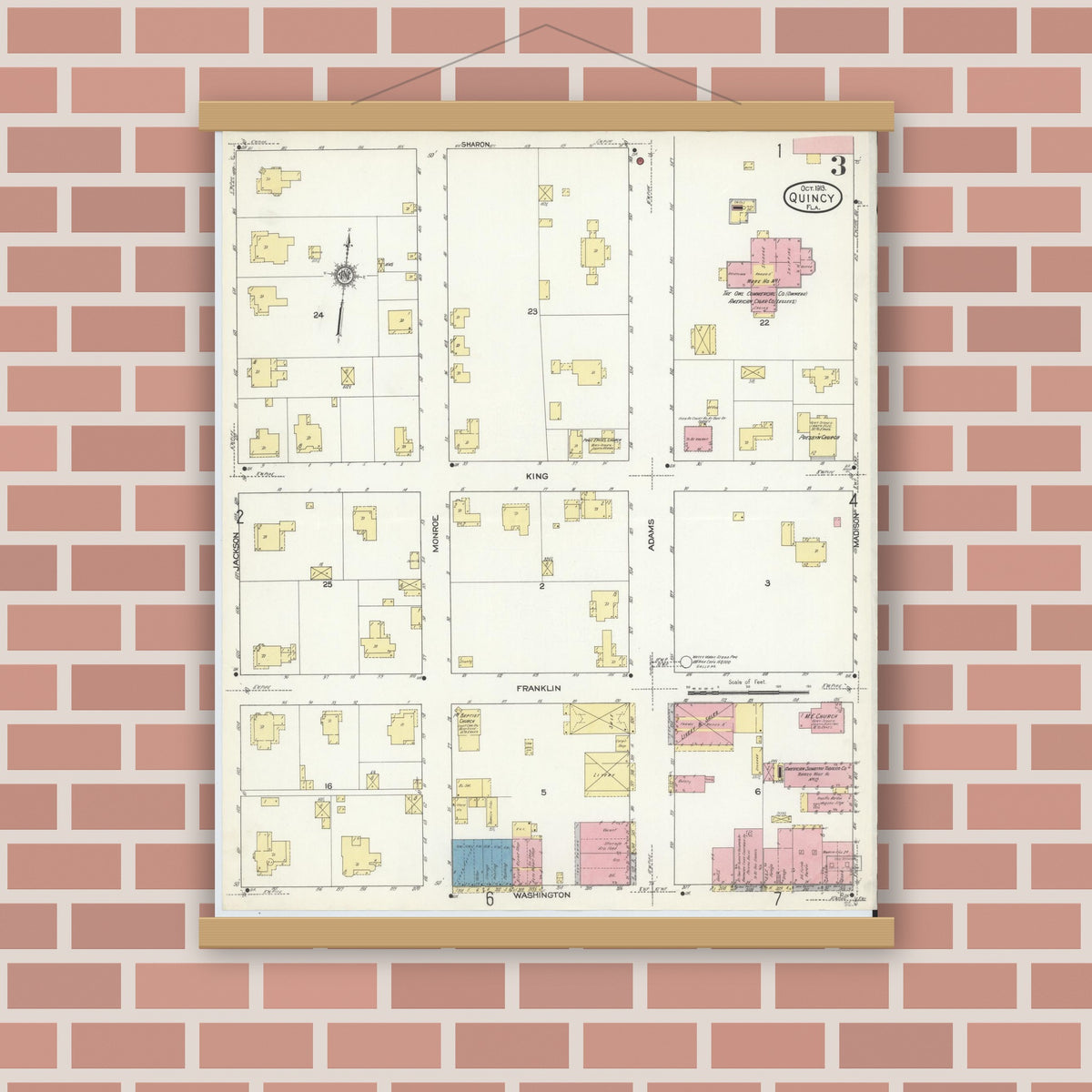 Old map wall art mockup — magnetic wood frame on brick wall — Sanborn Fire Insurance Map from Quincy, Gadsden County, Florida (1913), Sheet #0003