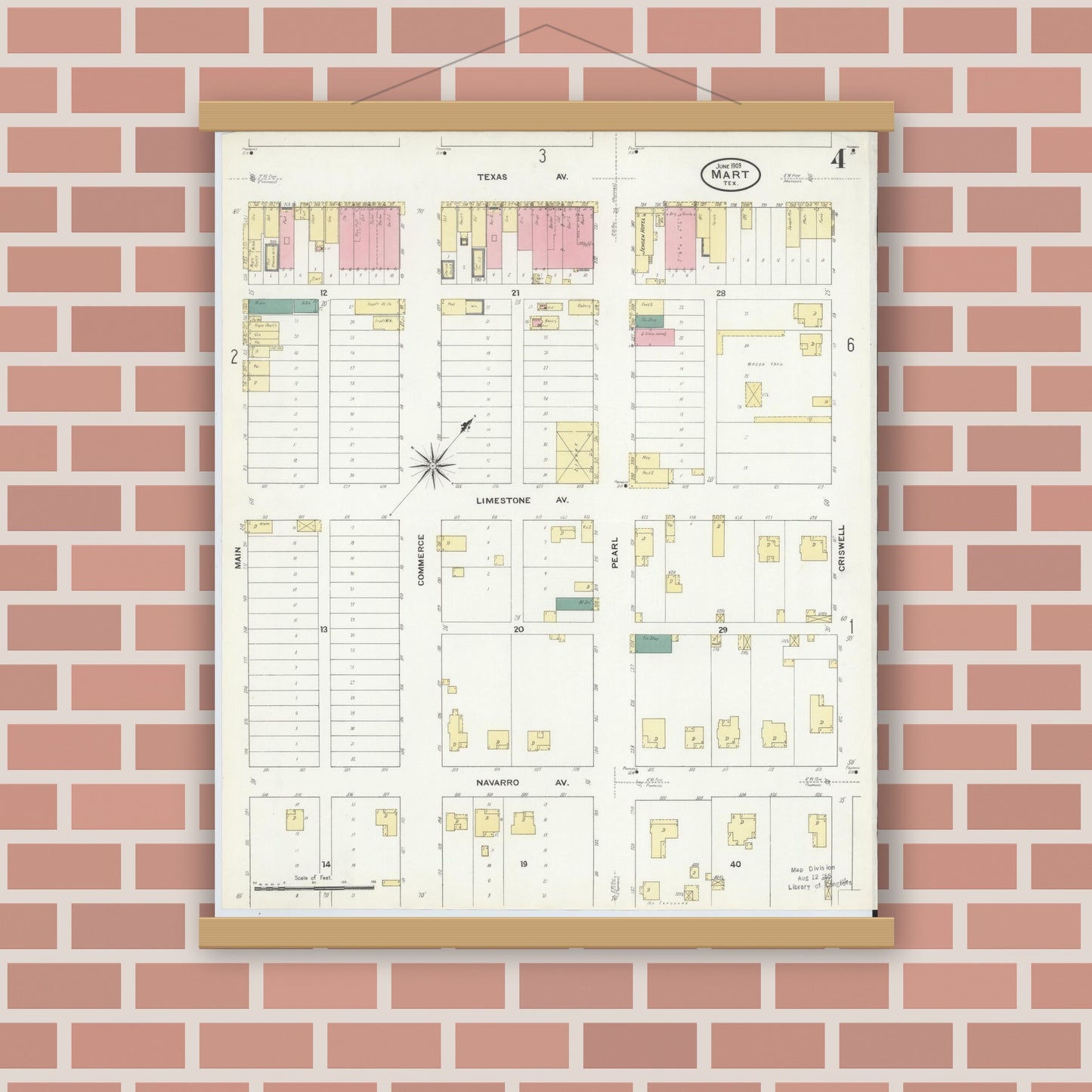 Old map wall art mockup — magnetic wood frame on brick wall — Sanborn Fire Insurance Map from Mart, McLennan County, Texas (1909), Sheet #0004