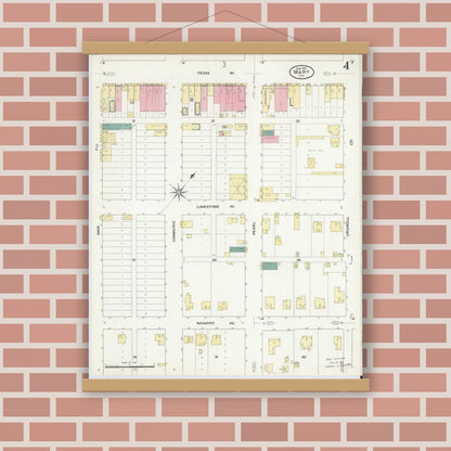 Old map wall art mockup — magnetic wood frame on brick wall — Sanborn Fire Insurance Map from Mart, McLennan County, Texas (1909), Sheet #0004