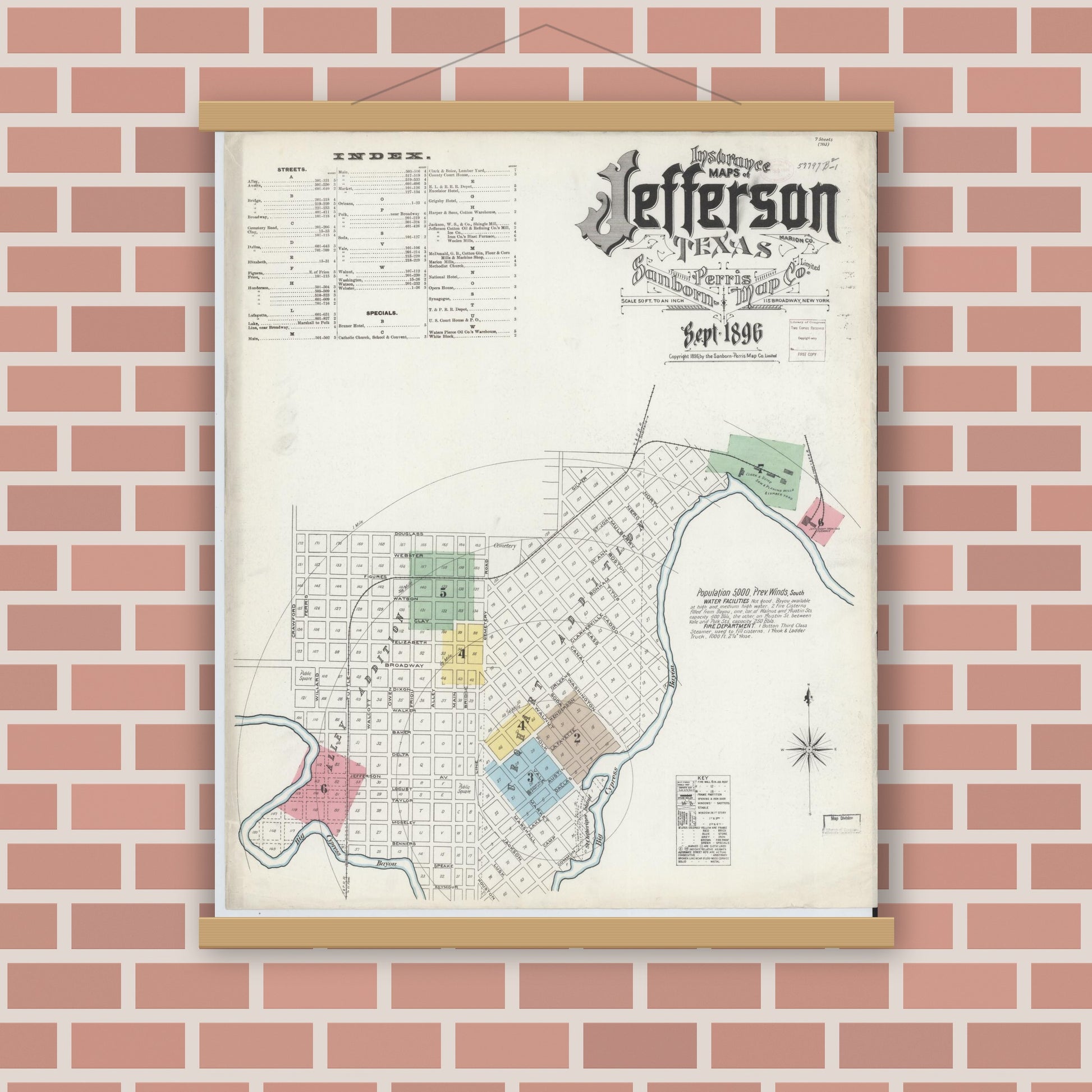 Old map wall art mockup — magnetic wood frame on brick wall — Sanborn Fire Insurance Map from Jefferson, Marion County, Texas (1896) - Complete Map Set